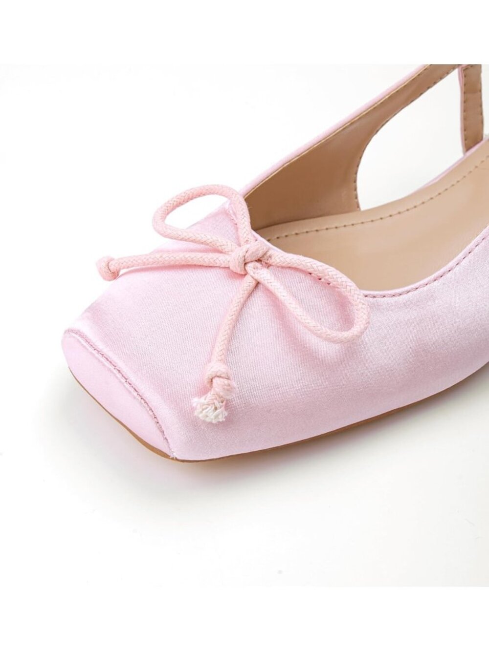 Women's Pink Slingback Square Toe Bow Knit Ankle Buckle Satin Ballet Flats - Picture 4 of 7